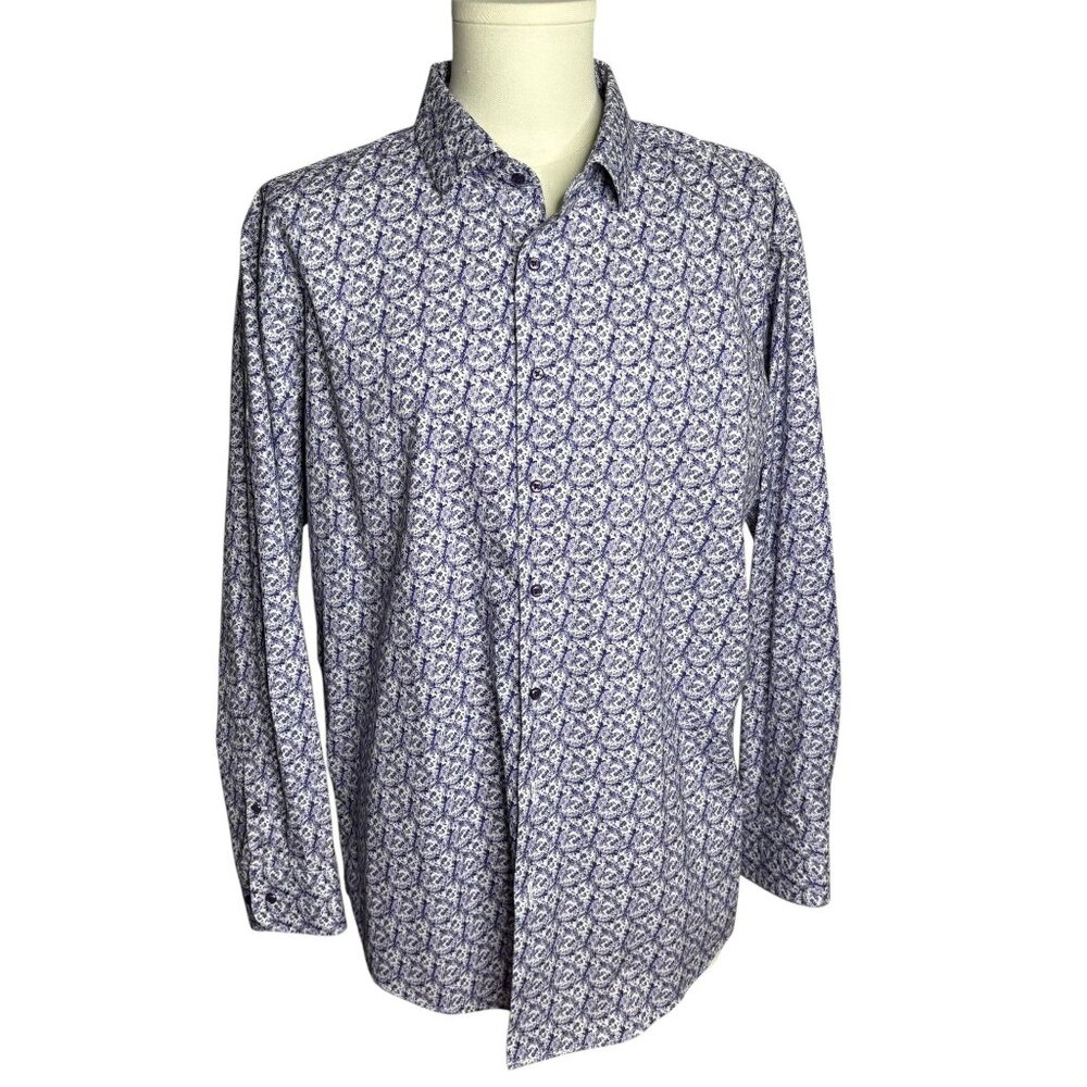 Nordstrom Non-Iron Shirt 17.5 34-35 Purple Floral Stretch Trim Fit Long Sleeve